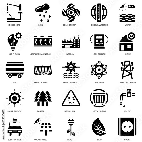 25 icons related to Socket, Leaf, Plug, Solar panel, Electric car, Home, Nuclear, Recycling, energy, Light bulb, Eolic Rain signs. Vector illustration isolated on white background.