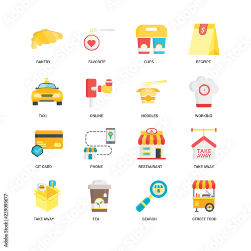 Simple Set of 16 Vector Icon. Contains such Icons as Street food, Search, Tea, Take away, Bakery, Taxi, Cit card, Noodles, undefined, undefined. Editable Stroke pixel perfect