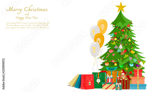 Christmas tree with decorations, gifts collection, celebrated happy new year balloons and a puppy sitting in a present box. Flat style vector illustration of Xmas season on transparent background.