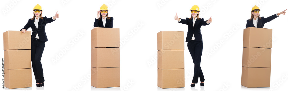 Woman builder with box isolated on white Woman builder with box isolated on white
