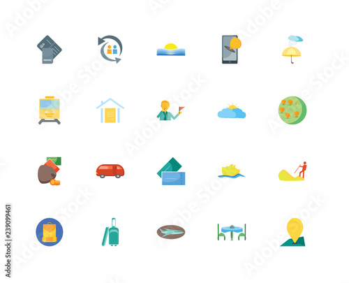 Set Of 20 icons such as Landmark, Dinner table, Airplane, Luggage, Backpack, Umbrella, Cloudy, Ticket, Wallet, Insurance, Sunset, icon pack