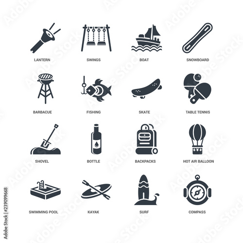 Simple Set of 16 Vector Icon. Contains such Icons as Compass, Fishing, Lantern, undefined, Hot air balloon, Bottle, Swings. Editable Stroke pixel perfect photo