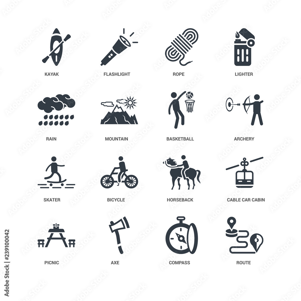 Obraz premium Simple Set of 16 Vector Icon. Contains such Icons as Route, Compass, Axe, Picnic, Cable car cabin, Kayak, Rain, Skater, Basketball, undefined, undefined. Editable Stroke pixel perfect
