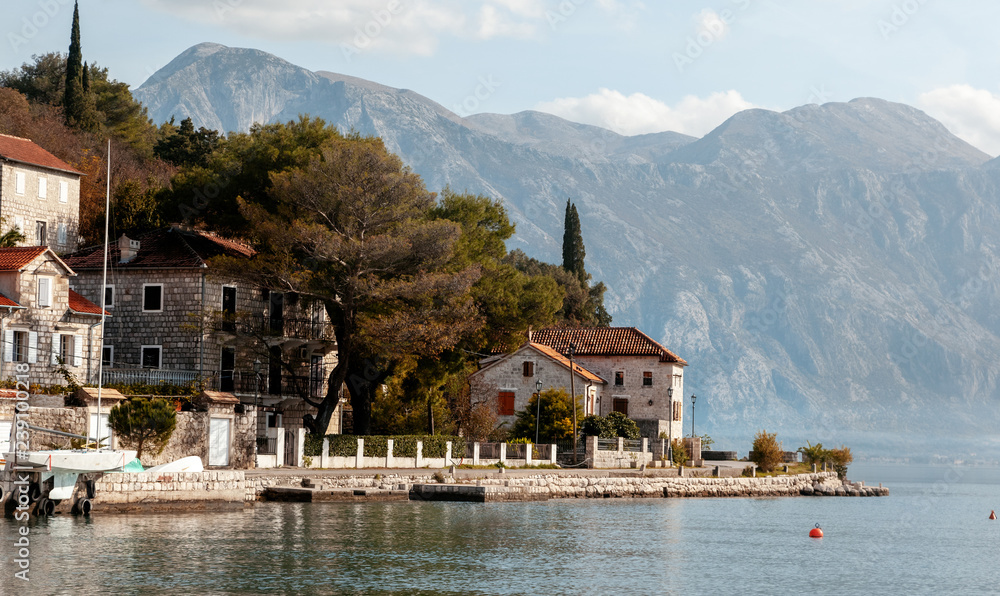 Village Perast on coast of Boka Kotor bay - Montenegro - nature and architecture background, popular travel destination in Europe