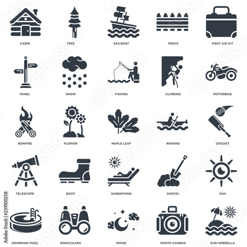 Simple Set of 25 Vector Icon. Contains such Icons as Sun umbrella, Cricket, Motorbike, Tree, Swimming pool, Snow, Shovel, Bonfire. Editable Stroke pixel perfect photo