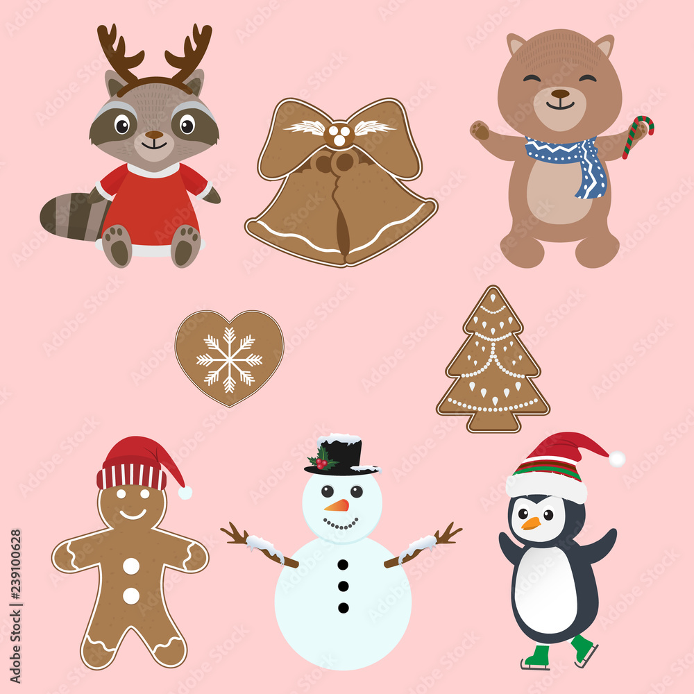 Fototapeta premium Set of cute animal, gingerbread cartoon christmas character illustration