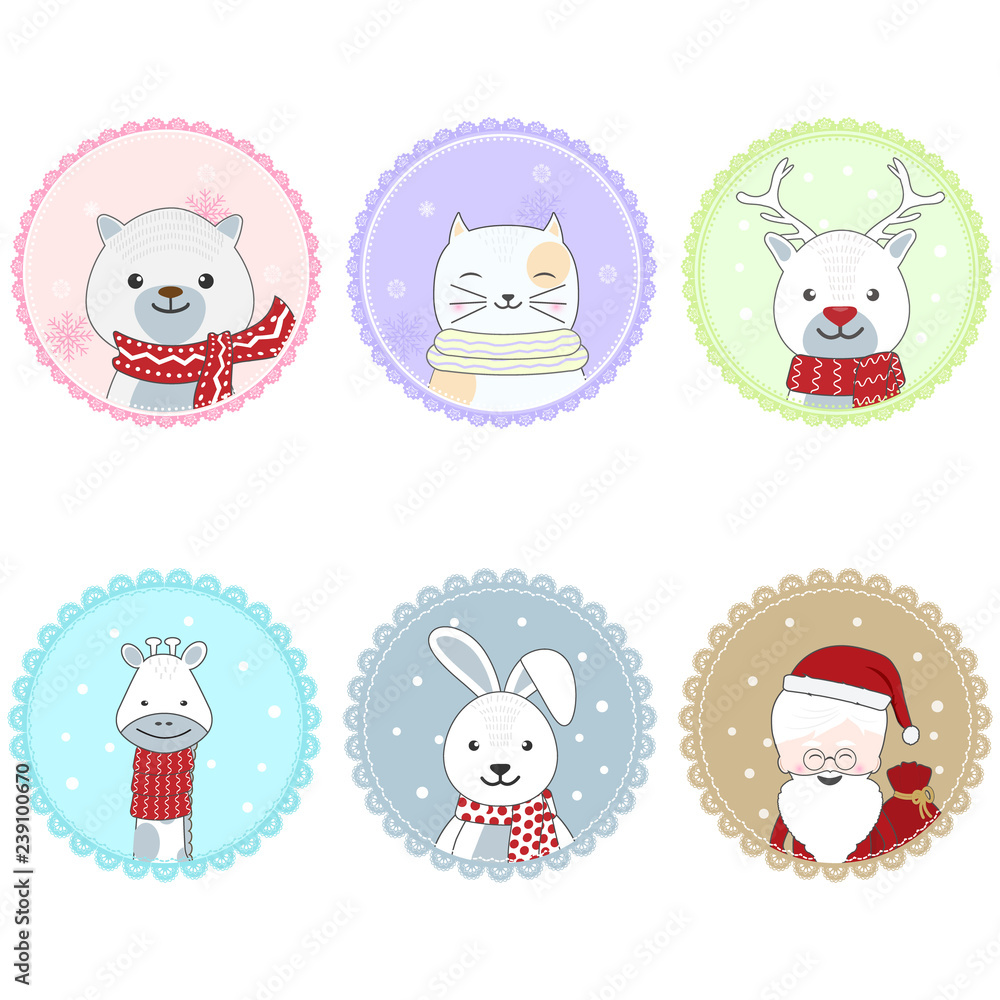 Plakat Set of cute animal cartoon character and lace frame illustration