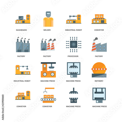 16 icons related to Machine press, Factory, Dashboard, undefined, Refinery, Welder signs. Vector illustration isolated on white background.