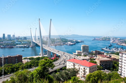 Russia, Vladivostok, July 2018: View of Golden Bridge over Golden Horn Bay of Vladivostok photo