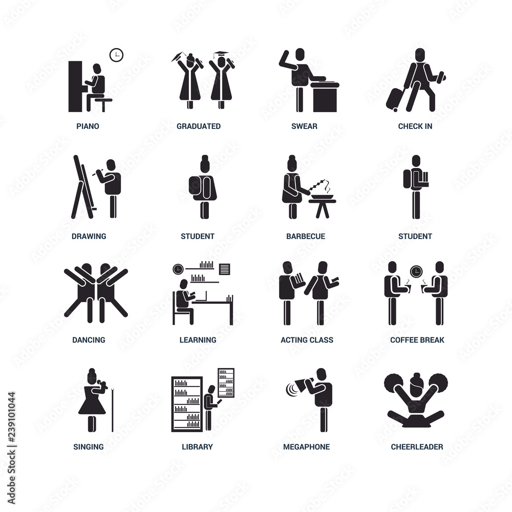 Set Of 16 icons such as Cheerleader, Megaphone, Library, Singing, Coffee break, Piano, Drawing, Dancing, Barbecue icon Set Of 16 icons such as Cheerleader, Megaphone, Library, Singing, Coffee break, Piano, Drawing, Dancing, Barbecue icon