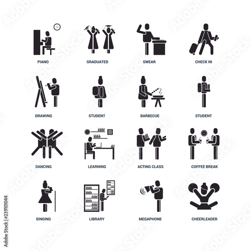 Set Of 16 icons such as Cheerleader, Megaphone, Library, Singing, Coffee break, Piano, Drawing, Dancing, Barbecue icon