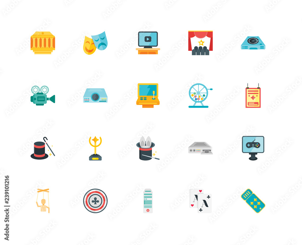Simple Set of 20 Vector Icon. Contains such Icons as Ticket, Playing cards,  Pc tower, Poker, Puppet, Recorder player, Bingo, Magic, Entertainer,  Projector, Movie. Editable Stroke pixel perfect Stock Vector | Adobe Stock