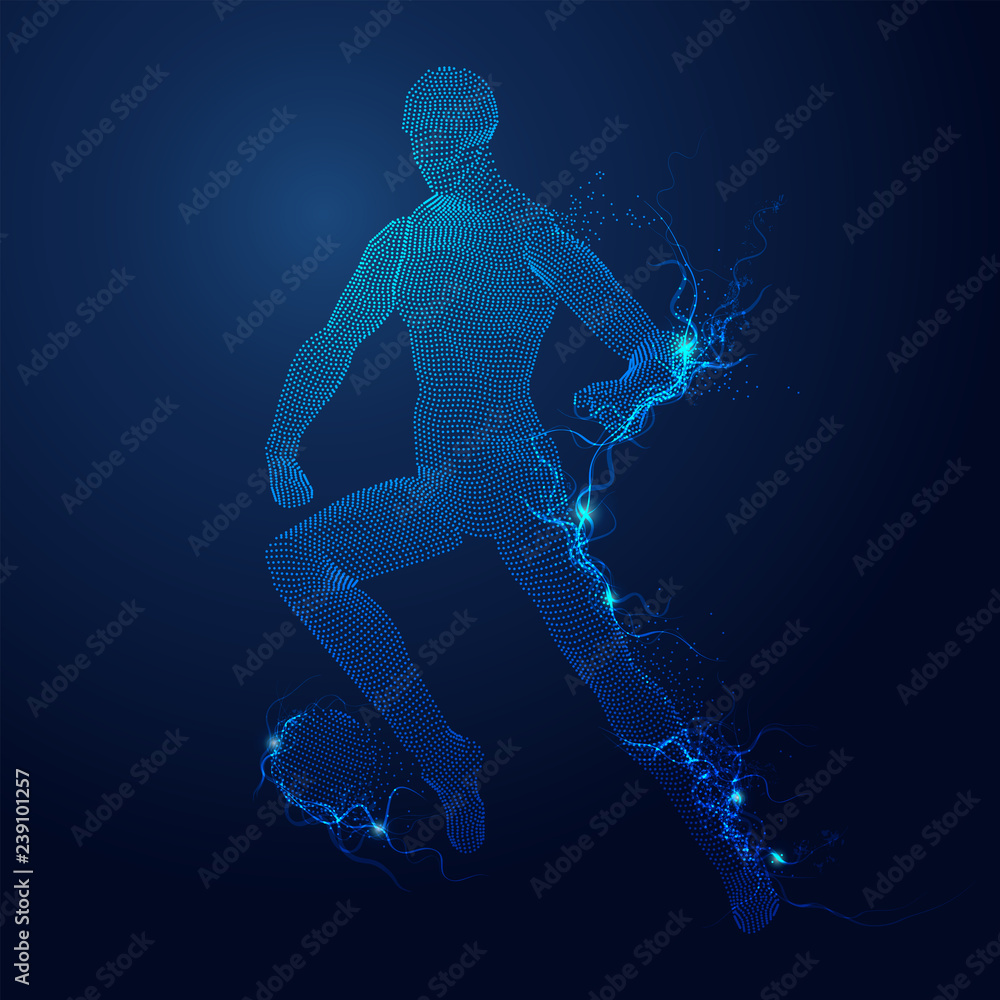 concept of virtual reality video game, graphic of digital man  playing soccer football