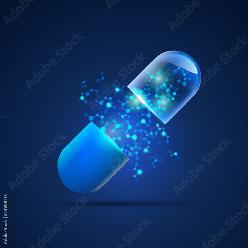 concept of health care technology, graphic of realistic transparent pill with abstract futuristic DNA inside photo