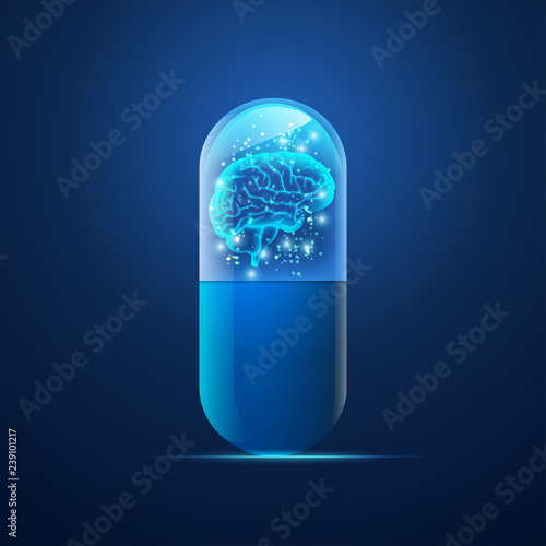 graphic of realistic tranparent pill with futurisitc brain inside, concept of medical treatment for human brain