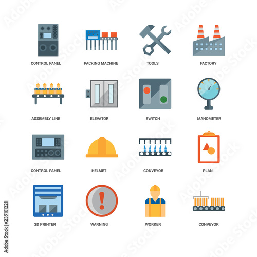 16 icons related to Conveyor, Elevator, Control panel, undefined, Plan, Helmet, Packing machine signs. Vector illustration isolated on white background.