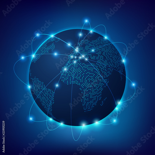 concept of communication world, graphic of dotted globe with light wire