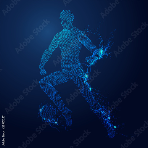 concept of virtual reality video game, graphic of digital man playing soccer football