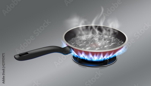 Boiling water in a flat pan with handles Set on a high-end gas stove with smoke rising above the stainless steel background. Realistic file.