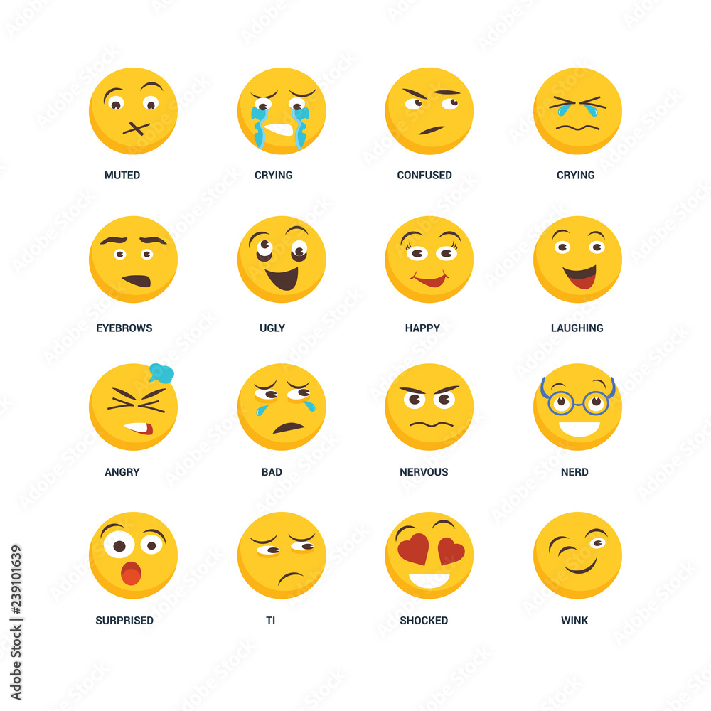 Set Of 16 icons such as Wink, Shocked, Ti, Surprised, Nerd, Muted, Eyebrows, Angry, Happy icon Set Of 16 icons such as Wink, Shocked, Ti, Surprised, Nerd, Muted, Eyebrows, Angry, Happy icon