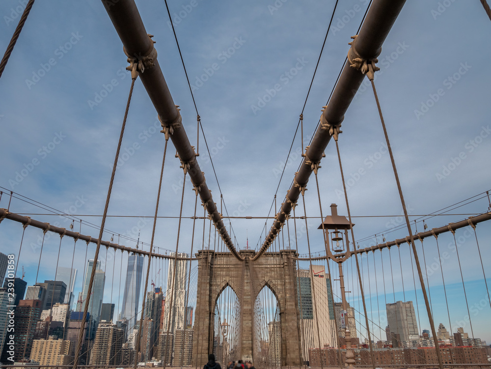 Obraz premium Crow Walking On the Brooklyn Bridge Towards the Manhattan Side With Sunny Skies