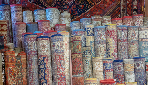 Rows of Turkish rugs being sold at a local outlet in Istanbul, Turkey.
