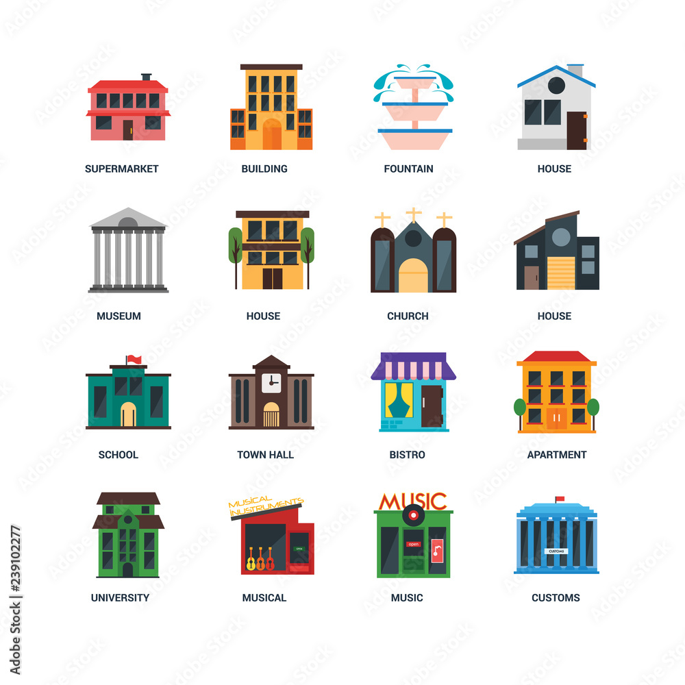 Set Of 16 icons such as Customs, Music, Musical, University, Apartment, Supermarket, Museum, School, Church icon