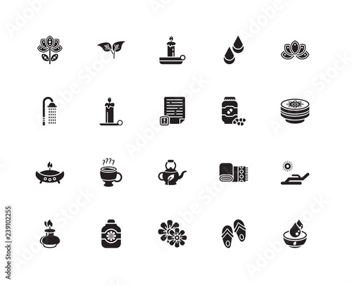 Simple Set of 20 Vector Icon. Contains such Icons as Water, slippers, Flowers, Body Lotion, Aromatherapy, Lotus, Vitamins, Teapot, Candle, Candle. Editable Stroke pixel perfect