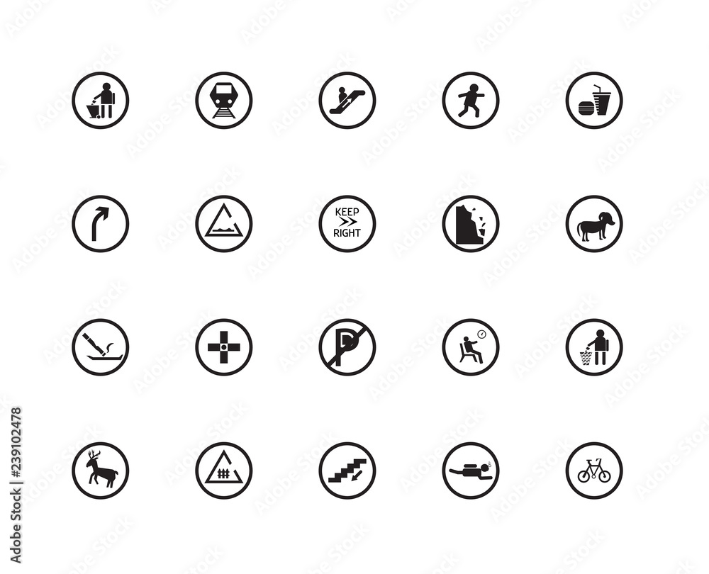 Set Of 20 icons such as Bicycle, Scuba Diving, Downstairs, Rail crossing, Deer, Fast food restaurant, Land Slide, No Parking, Smoking place, Speed Breaker, Escalator Going Down, icon pack Set Of 20 icons such as Bicycle, Scuba Diving, Downstairs, Rail crossing, Deer, Fast food restaurant, Land Slide, No Parking, Smoking place, Speed Breaker, Escalator Going Down, icon pack