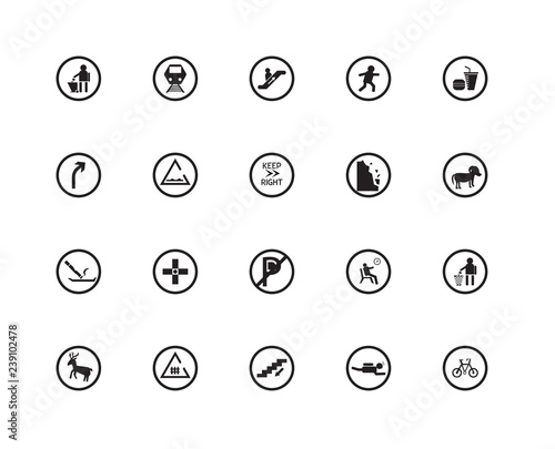 Set Of 20 icons such as Bicycle, Scuba Diving, Downstairs, Rail crossing, Deer, Fast food restaurant, Land Slide, No Parking, Smoking place, Speed Breaker, Escalator Going Down, icon pack