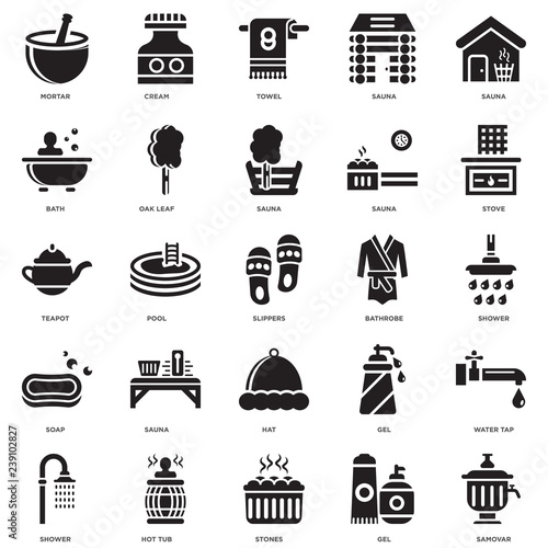 Simple Set of 25 Vector Icon. Contains such Icons as Samovar, Gel, Stones, Hot tub, Shower, Stove, Bathrobe, Hat, Soap, Bath, Towel, Cream. Editable Stroke pixel perfect