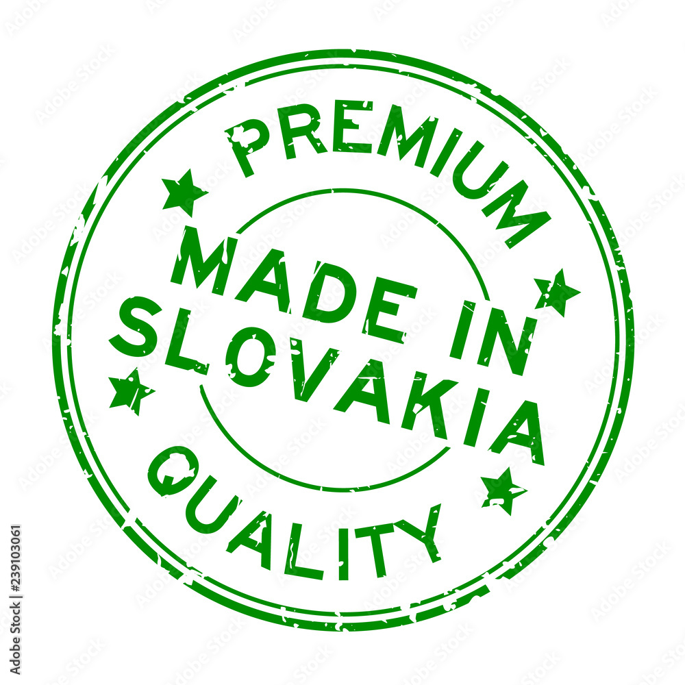 Grunge green premium quality made in Slovakia round rubber seal stamp on white background