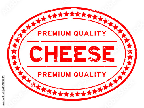 Grunge red premium quality cheese oval rubber seal stamp on white background