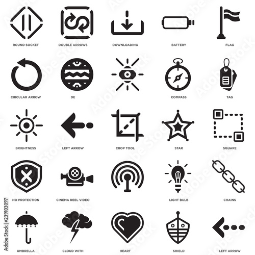 Simple Set of 25 Vector Icon. Contains such Icons as Left Arrow, Square, Tag, Double Arrows, Umbrella, De, Light bulb, Brightness. Editable Stroke pixel perfect