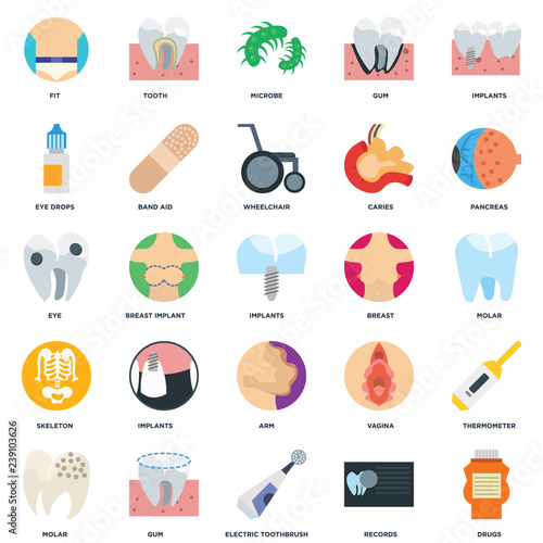 Set Of 25 icons such as Drugs, Records, Electric toothbrush, Gum, Molar, Pancreas, Breast, Arm, Skeleton, Eye drops, Microbe, Tooth icon
