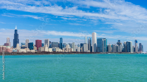 Chicago skyline with blue sky and lake Michigan
