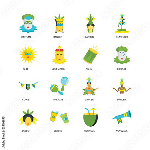 Simple Set of 16 Vector Icon. Contains such Icons as Vuvuzela, Cocktail, Drinks, Dancer, Costume, Sun, Flags, Drum, undefined, undefined. Editable Stroke pixel perfect
