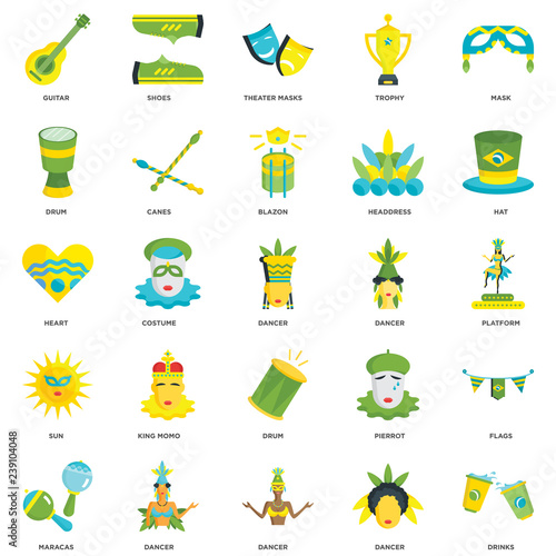 Simple Set of 25 Vector Icon. Contains such Icons as Drinks, Dancer, Maracas, Hat, Drum, Sun, Theater masks, Shoes. Editable Stroke pixel perfect