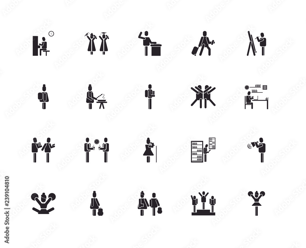 Set Of 20 icons such as Cheerleader, Winner, Students, Student, Drawing, Dancing, Singing, Acting class, Barbecue, Swear, icon pack Set Of 20 icons such as Cheerleader, Winner, Students, Student, Drawing, Dancing, Singing, Acting class, Barbecue, Swear, icon pack