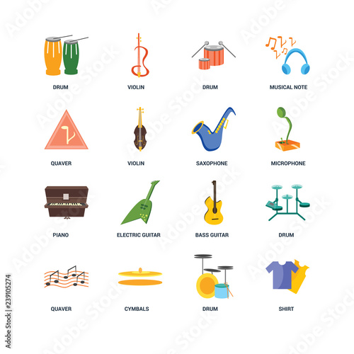Set Of 16 icons such as Shirt, Drum, Cymbals, Quaver, Piano, Saxophone icon