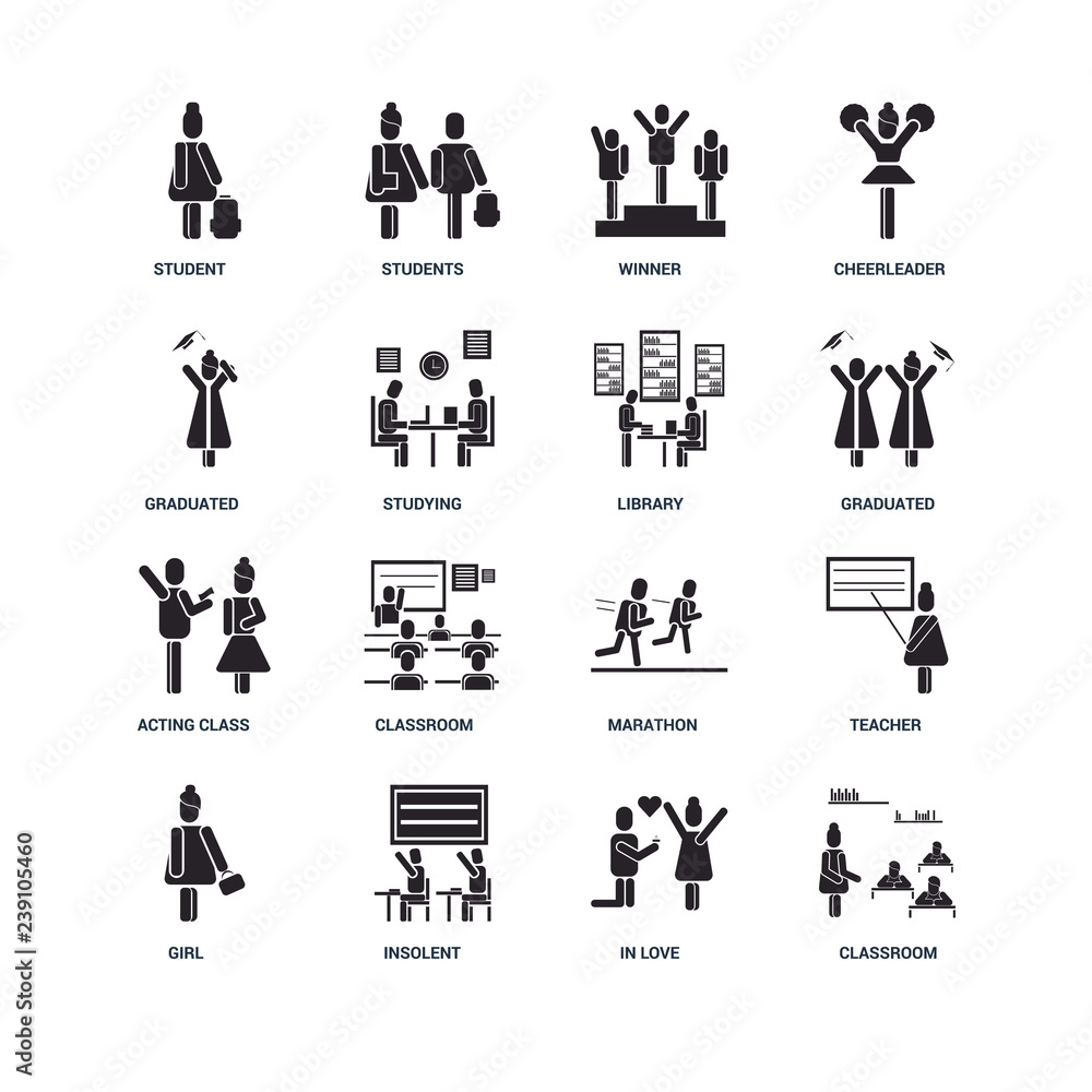Set Of 16 icons such as Classroom, In love, Insolent, Girl, Teacher, Student, Graduated, Acting class, Library icon