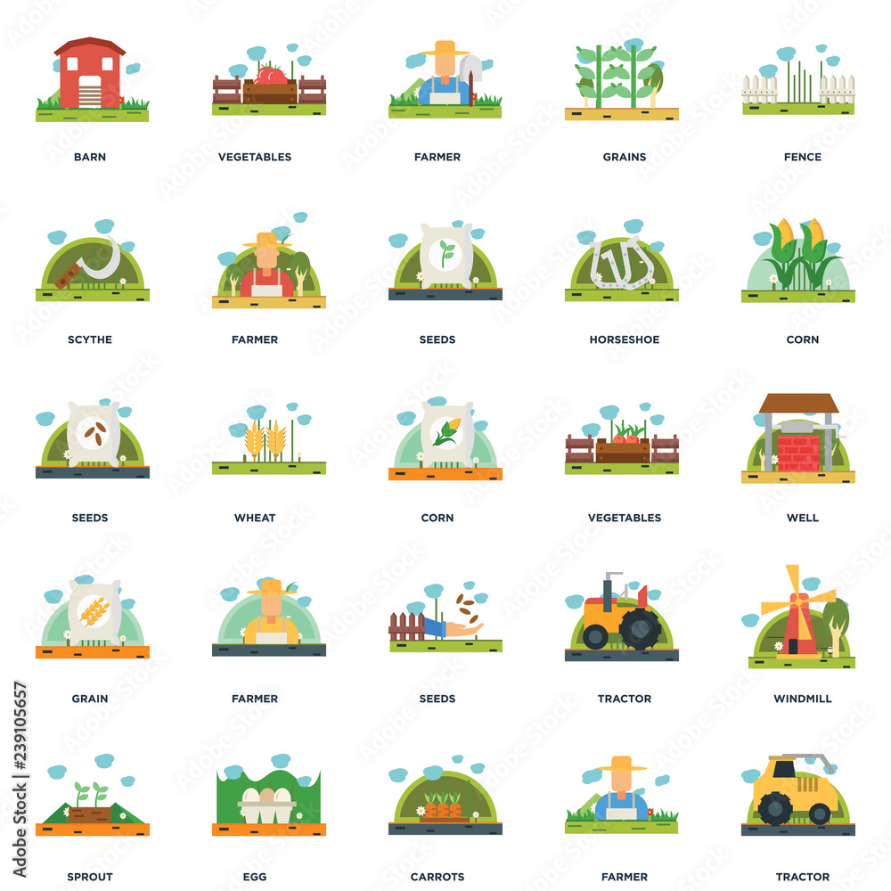 Naklejka premium Set Of 25 icons such as Tractor, Farmer, Carrots, Egg, Sprout, Corn, Vegetables, Seeds, Grain, Scythe, Vegetables icon