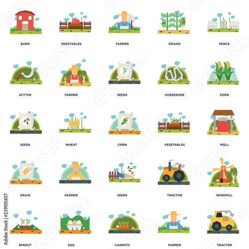 Set Of 25 icons such as Tractor, Farmer, Carrots, Egg, Sprout, Corn, Vegetables, Seeds, Grain, Scythe, Vegetables icon