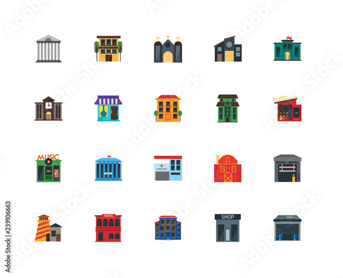 Set Of 20 icons such as Car wash, Shop, House, Motel, Lighthouse, School, University, Ambulance, Music, Bistro, Church, icon pack