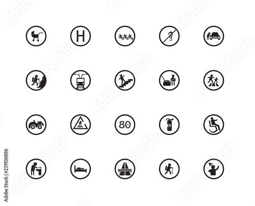 Set Of 20 icons such as Shower place, Tracking, flyover bridge, Dormitory, Fountain, Parking Men, Airport Checking, 80 Speed Limit, Quad Bike, Tram stop, Theater, icon pack