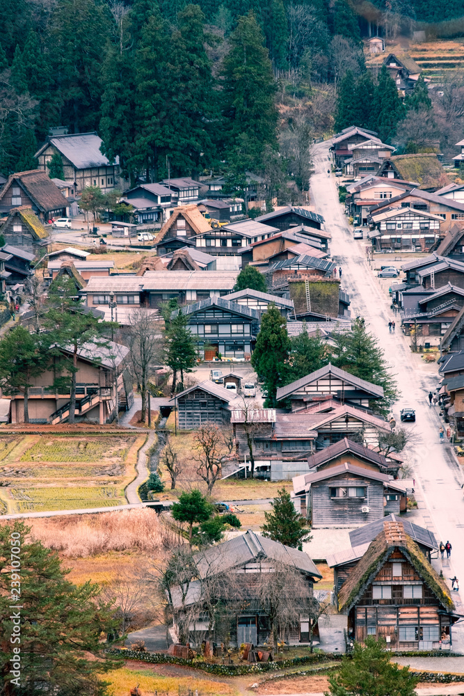 Traditional and Historical Japanese village Shirakawago in Gifu Prefecture Japan,  the UNESCO World Heritage List , View from Shirakawago view point
