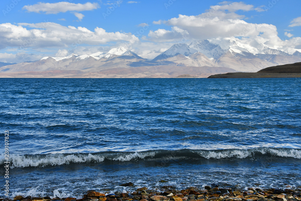 Holy Rakshas Tal lake and Gurla Mandhata peak in Ngari, Western Tibet, China. This lake also known as Demons Lake, Ravana Tal or Ravan Harda, Langa Tso in Hindu Religion