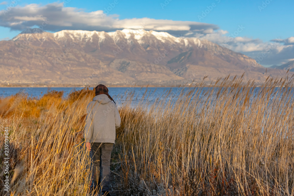 Man walks through marsh near Utah Lake Man walks through marsh near Utah Lake