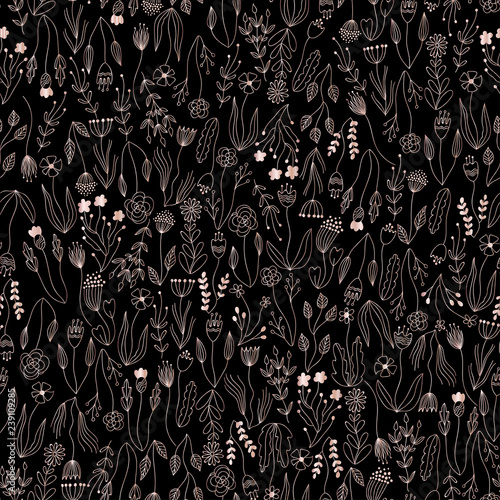 Black pink shiny vector rose gold floral pattern with flowers, branches, plants in ink line art. floral herbal repeating tile. hand drawn linear botanical doodle wrapping paper, saint valentine's day.