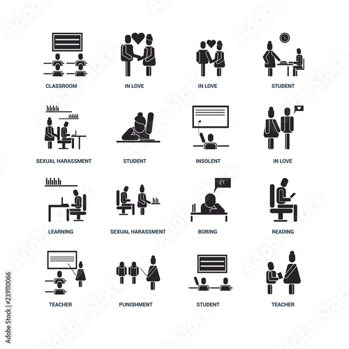 Set Of 16 icons such as Teacher, Student, Punishment, Reading, Classroom, Sexual harassment, Learning, Insolent icon